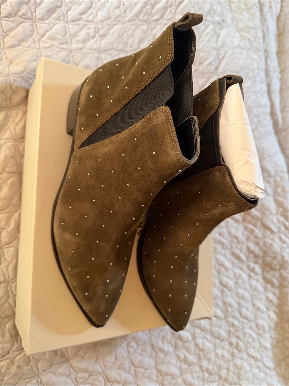 Marc Fisher Olive Suede Studded Chelsea Booties